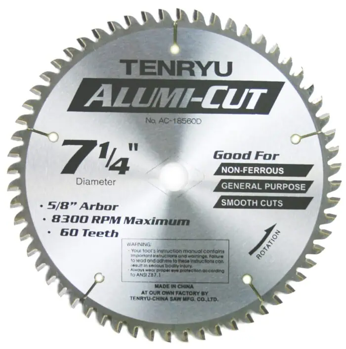 7 1/4 inch diameter aluminum saw blade for woodworking, non-ferrous cutting, with 60 teeth, 5/8 inch arbor, 8300 RPM maximum, ideal for smooth cuts and general purpose use.