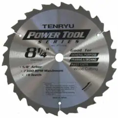 8. ALT text: Circular saw blade with "Tenryu Power Tool Series" branding, 8 1/4-inch diameter, optimized for woodworking, framing, and decking projects.