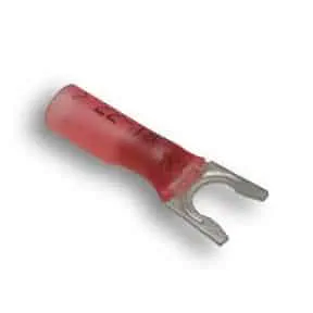 Red insulated spade terminal wire connector for electrical and wiring applications.