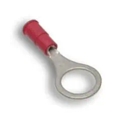 Ring terminal connector for electrical wiring, red insulated metal ring terminal for secure electrical connections, NIS Tools quality hardware.