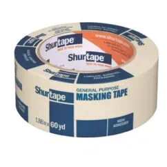 Blue and white masking tape roll with "ShurTape" branding, high adhesion, 60 yards length, general purpose, ideal for labeling, sealing, and packaging applications.