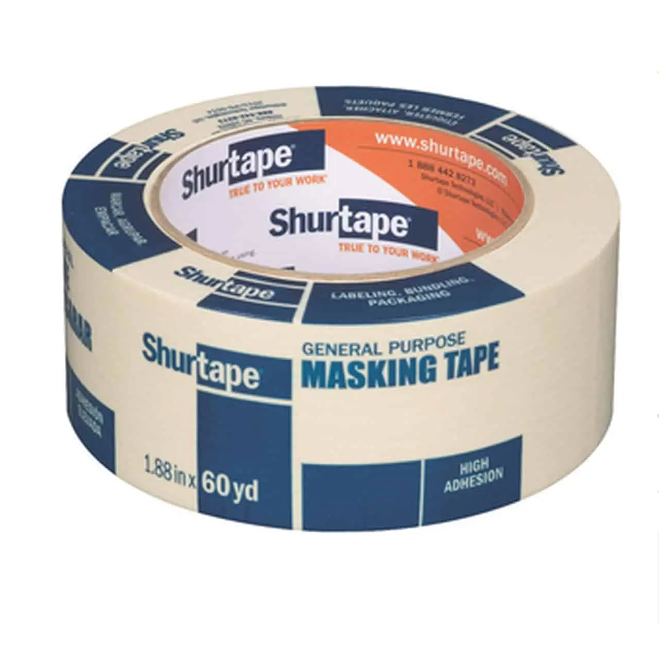 Blue and white masking tape roll with "ShurTape" branding, high adhesion, 60 yards length, general purpose, ideal for labeling, sealing, and packaging applications.
