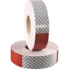 Reflective warning tape with high visibility gray and red diamond patterns for safety and hazard marking.