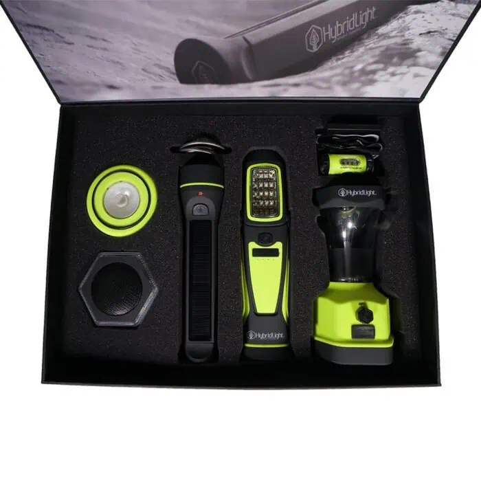 Rechargeable work flashlight kit with hybrid design, portable LED work light, headlamp, and accessories for outdoor, camping, or professional use.