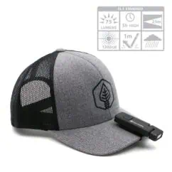 Wireless LED cap with built-in rechargeable light for outdoor activities, featuring 75 lumens, 5-hour runtime, water resistance, and adjustable brightness setting. Ideal for camping and hiking.