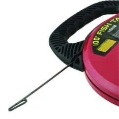 High visibility red and black industrial safety tape measure with extendable steel ruler and ergonomic grip for precise measurements. Perfect for construction, DIY, and professional use.