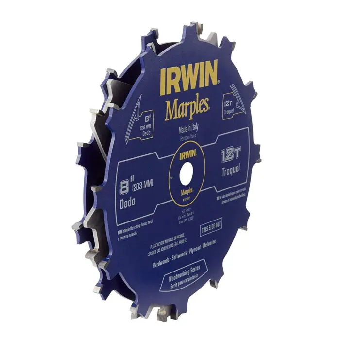 12-inch IRWIN Marples circular saw blade, blue with yellow branding, designed for woodworking, softwoods, plywood, and melamine cutting, featuring durable teeth and compatibility for carpentry tools.