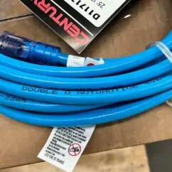 Flexible blue automotive air hose with reinforced construction, ideal for vehicle maintenance and repair. Suitable for connecting air tools with durable, double-layer reinforcement.