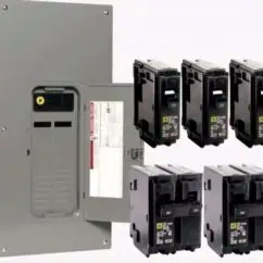 High-voltage electrical circuit breaker with multiple disconnect switches and control modules used for industrial power distribution and protection.