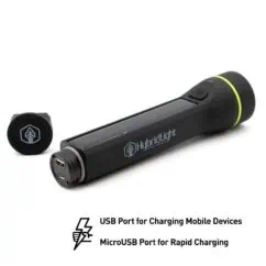 USB rechargeable flashlight with solar panel, featuring USB and MicroUSB charging ports for mobile devices and rapid charging. Ideal for outdoor, camping, and emergency use.