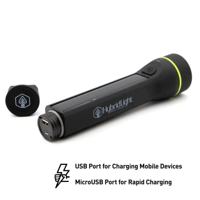 USB rechargeable flashlight with solar panel, featuring USB and MicroUSB charging ports for mobile devices and rapid charging. Ideal for outdoor, camping, and emergency use.