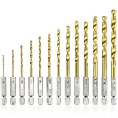Variety of titanium drill bits with gold-coated tips and silver shanks, organized by size for industrial and woodworking purposes.
