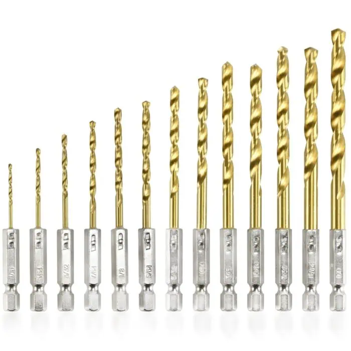 Variety of titanium drill bits with gold-coated tips and silver shanks, organized by size for industrial and woodworking purposes.