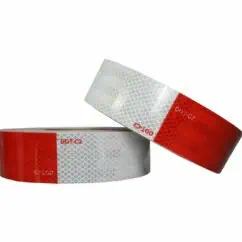 Reflective traffic safety tape with DOT-C2 certification, featuring high-visibility red and white colors and diamond pattern for enhanced road safety and hazard alerting.