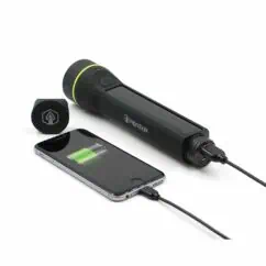 Portable wireless charging and power bank device connected to a smartphone with a charging cable, featuring a handheld flashlight with a sleek design.