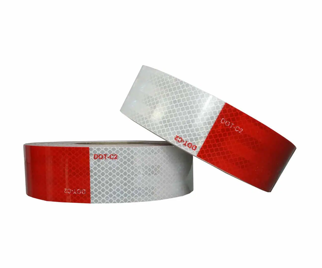 Reflective traffic safety tape with DOT-C2 certification, featuring high-visibility red and white colors and diamond pattern for enhanced road safety and hazard alerting.