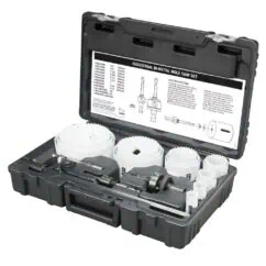 High-quality industrial bi-metal hole saw set in protective carrying case for metal cutting and drilling applications. Includes various sizes for versatile professional use.