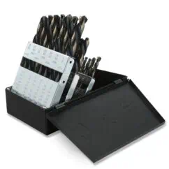 High-quality drill bits in a black plastic case, used for precision metalworking and engineering applications. Essential tools for drilling accurately in various materials.