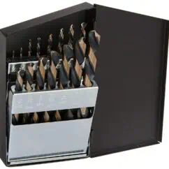 Extension drill bit set for power tools, with multiple sizes for woodworking and metalworking tasks, stored in a compact black case.
