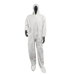 Disposable white protective suit with hood, ideal for safety and hygiene in industrial or cleanroom environments.