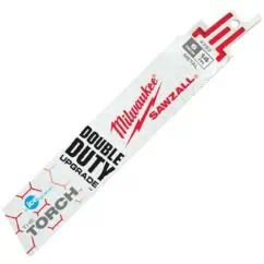 Milwaukee Shark Double Duty Upgraded Hacksaw with ergonomic handle and durable metal blade for cutting various materials. Ideal for professional and DIY use, featuring prominent branding and high-performance design.