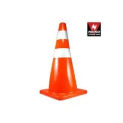 Conical orange traffic cone with white reflective stripes used for road safety and traffic management.