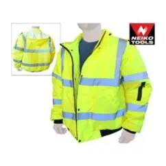 High-visibility safety jacket with reflective strips for construction and roadwork safety, featuring waterproof material and adjustable fit.