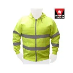 High visibility yellow safety hoodie with reflective stripes for construction and industrial safety workers.