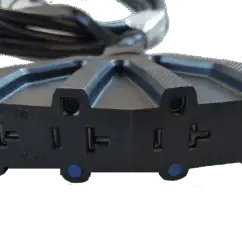 image002-26 Black electrical power strip with multiple outlets and plug adapters, isolated on transparent background.