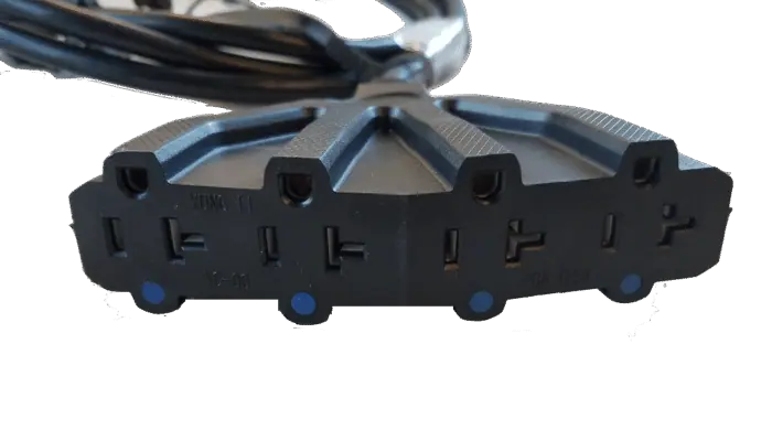 Black electrical power strip with multiple outlets and plug adapters, isolated on transparent background.