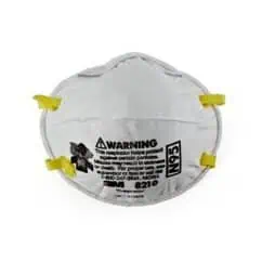 N95 respirator mask for airborne particle protection and safety, reusable face mask with warning label, suitable for health professionals and industrial use, high filtration efficiency.