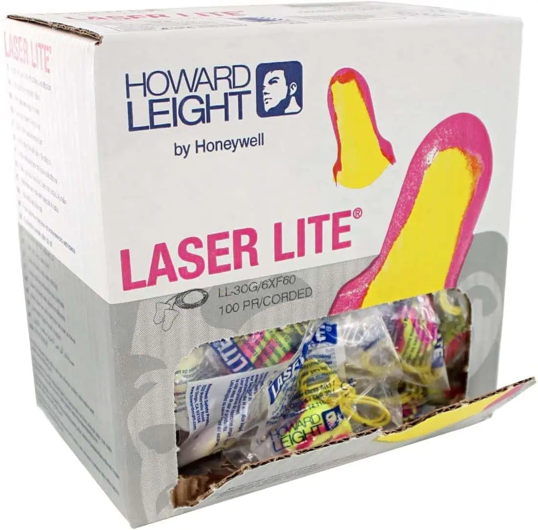 Brightly colored laser light sticks in a white box with "Howard Leight" branding, designed for safety and novelty use, featuring a clear window revealing the lollipop-shaped glow sticks inside.