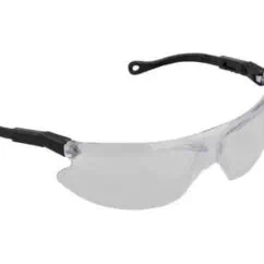 Safety glasses with clear lenses and black frames, suitable for industrial and construction environments.