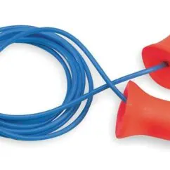 Flexible blue medical tubing with orange ear plugs, used for hearing protection or noise reduction in industrial or laboratory settings.