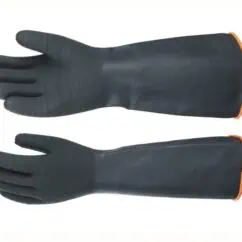 Black rubber work gloves with orange trim, designed for industrial and safety applications, providing protection and durability for various tasks.