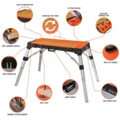 Pro Craft Workbench with adjustable features, durable surfaces, storage tray, and power strip, ideal for woodworking, DIY projects, and construction tasks. Heavy-duty design with non-slip and steel components.