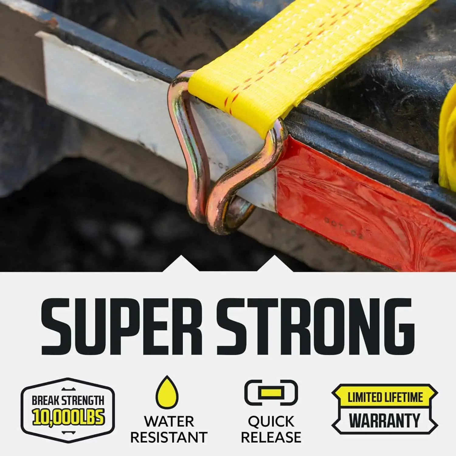 Break strength 10,000 lbs crane tie-down strap secured with metallic hook for heavy-duty lifting and transportation. Water resistant material provides durability and quick release feature for safety and convenience.