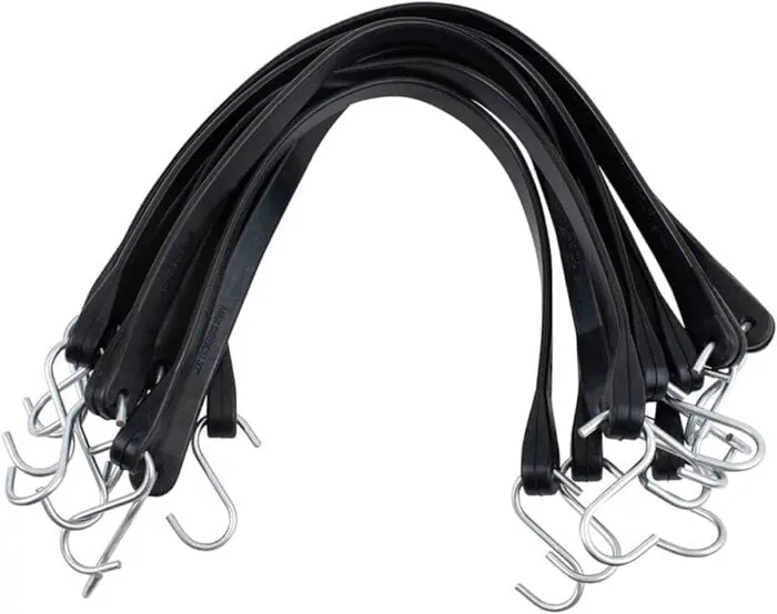 Heavy-duty black rubber bungee cords with metal hooks, ideal for securing items in transportation and storage. Durable and flexible for various bundling needs.