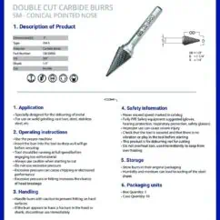 Double cut carbide burrs technical sheet for metal deburring and precision grinding tools.