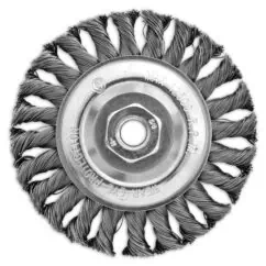 Stainless steel wire brush wheel for industrial cleaning and surface preparation, ideal for metalworking, deburring, and rust removal. Durable and versatile tool for professional use.
