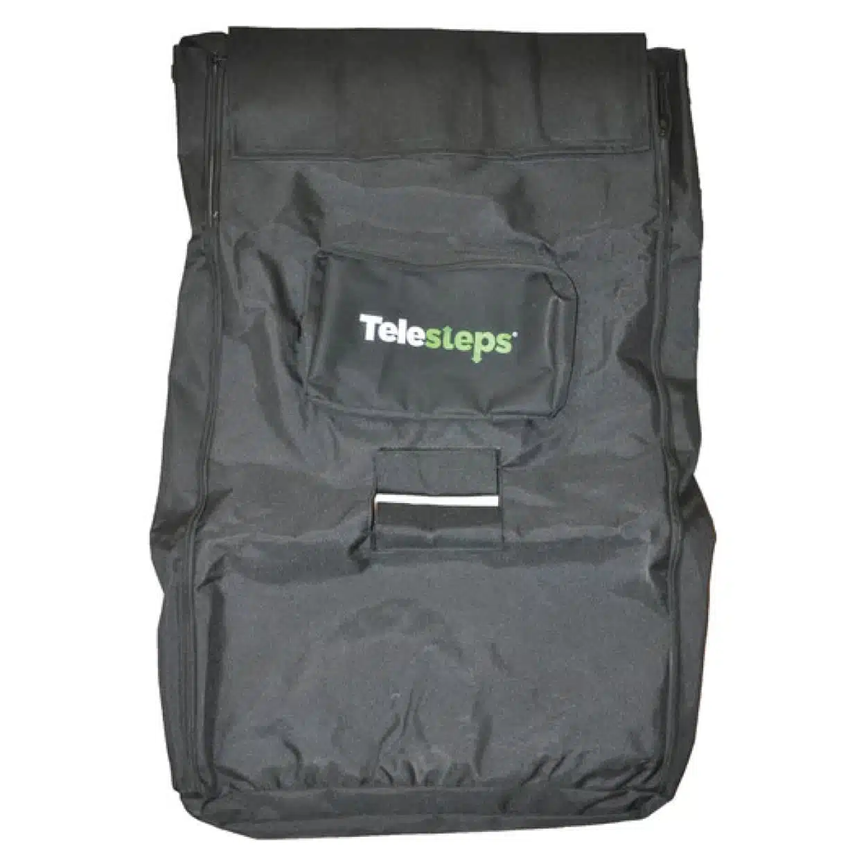 Black equipment carrying bag with TeleSteps logo, designed for stair and ladder accessories, durable fabric, portable and lightweight, ideal for professional use.