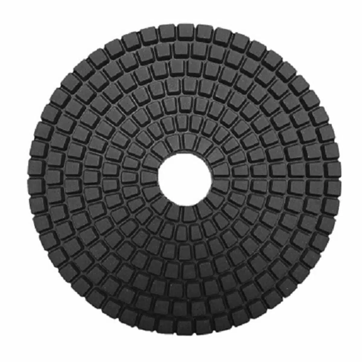 Black rubber abrasive polishing pad with concentric circular pattern for industrial surface finishing and grinding applications.