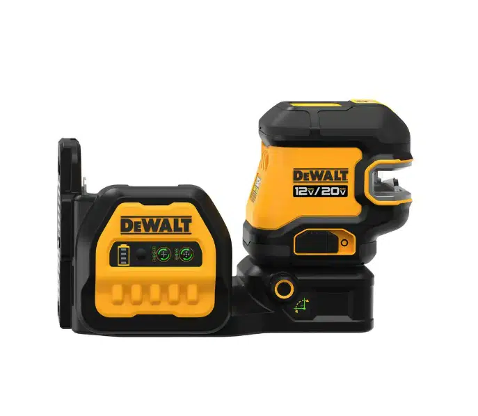 Coiled cordless power tool with battery and charger, DeWalt yellow and black, for construction and woodworking projects.