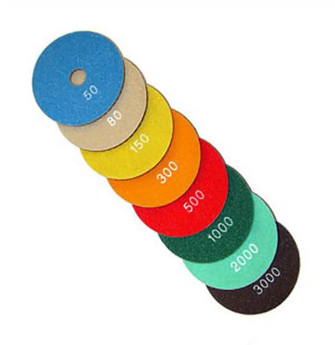 Colorful abrasive grinding discs with different grit sizes, labeled 50 to 3000, used for precision grinding and polishing applications.