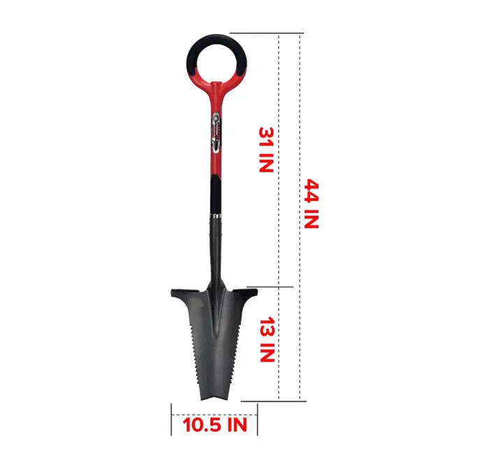 Heavy-duty garden shovel with 44-inch total length, 13-inch blade, and 10.5-inch width, designed for excavation and landscaping projects. Ergonomic handle for comfortable use, ideal for gardening tools and outdoor work.