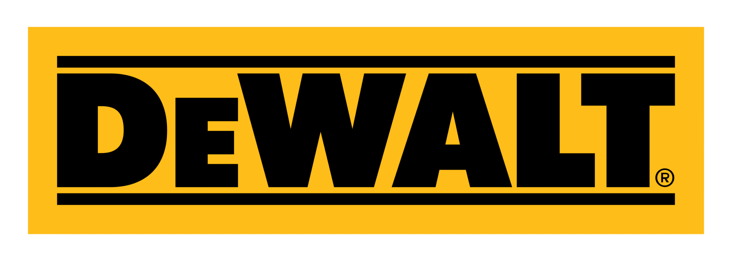 DeWALT logo on a yellow background, representing professional power tools, construction equipment, and industrial tools, emphasizing durability and trusted brand quality.