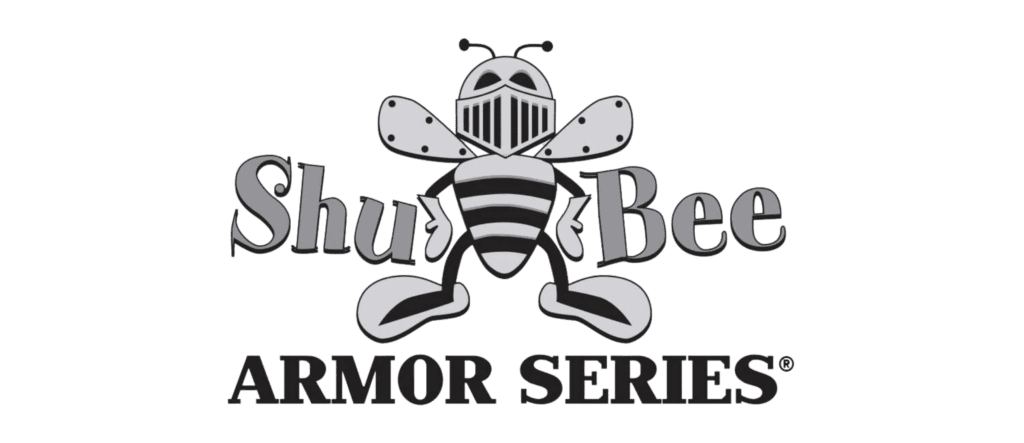 A stylized cartoon bee with armor-like features and the text "ShuBee Armor Series" in black and gray.