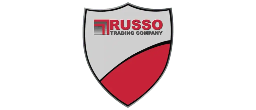 RUSSO Trading Company logo shield emblem with red and gray color scheme, representing security and professionalism for business branding and cybersecurity.