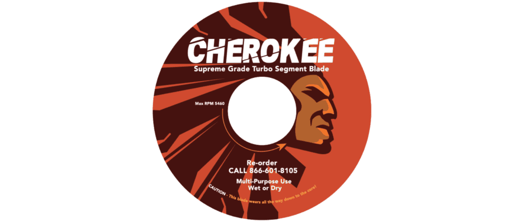 Chrokee turbo segment blade with bold graphic design and rugged face illustration, ideal for heavy-duty cutting tools, showcasing maximum RPM 5460, multi-purpose use, and durable performance.