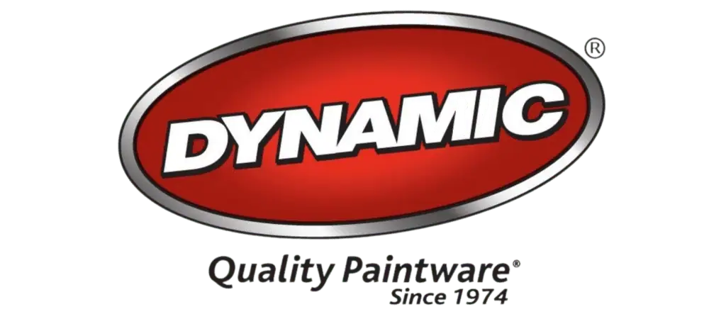 DYNAMICS logo with red and black background, highlighting quality paintware since 1974, suitable for automotive and industrial applications.